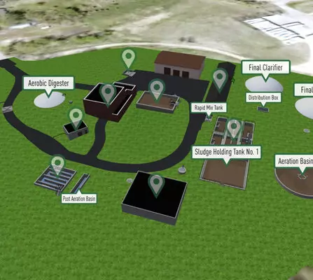 Visualization map of water facility with labeled buildings