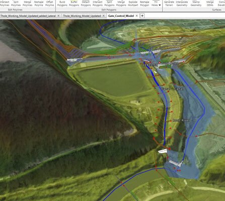 Elevation map showing river flow and the dam