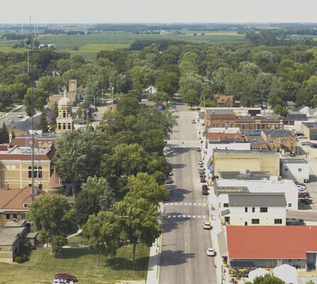 Aerial view of downtown with buildings and trees forming a vibrant community