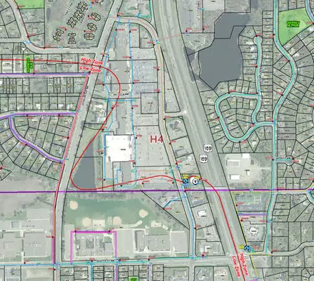 Aerial view of map with line markings indicating routes and paths