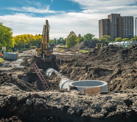 Water drainage area under construction with pipe and digger, tall building in the background.