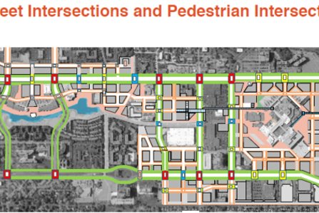 Aerial view of a pedestrian and street intersection map, showing the layout and paths for pedestrians and vehicles.