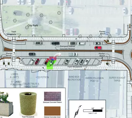 Downtown corridor graphic showcasing traffic flow, roundabouts, medians, and street features.