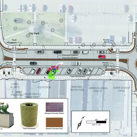 Downtown corridor graphic showcasing traffic flow, roundabouts, medians, and street features.