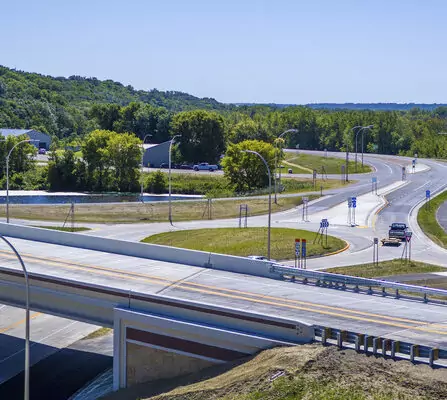 Highway with a roundabout exit in the background