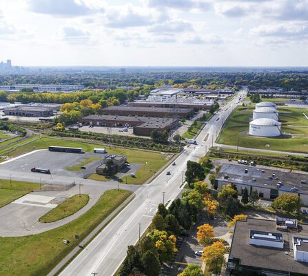 Aerial view of town's industrial sector