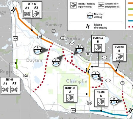 Map highlighting highway bridges crossing over river