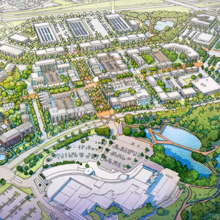 Aerial view map showing houses, trees, buildings, and lakes in a graphic visualization