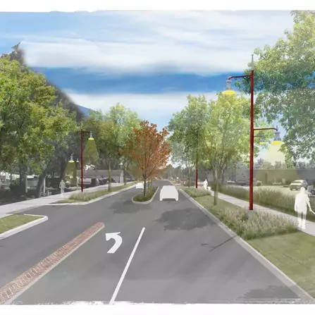 Visualization of a road and sidewalk with lush greenery, pedestrians, and cars passing by.