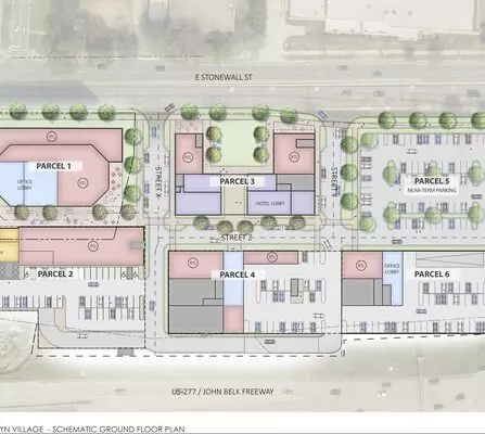 A schematic ground floor plan of a village layout featuring labeled parcels, streets, a hotel lobby, office spaces, parking lots, and landscaping. Notable streets include E Stonewall St and S Brevard St, adjacent to US-277/John Belk Freeway.