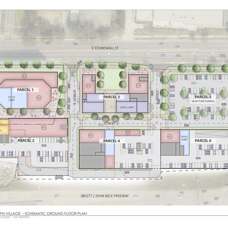 A schematic ground floor plan of a village layout featuring labeled parcels, streets, a hotel lobby, office spaces, parking lots, and landscaping. Notable streets include E Stonewall St and S Brevard St, adjacent to US-277/John Belk Freeway.