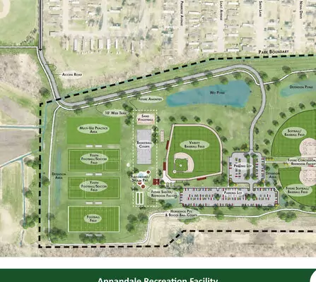 Arial map of Annandale sports complex showing various fields, courts, and facilities