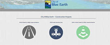 Graphic illustrating City of Blue Earth features two icons representing roadways, labeled 2023 Street & Utility Improvements and 2024 Street & Utility Improvements, showcasing upcoming public projects.