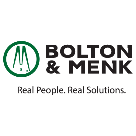 Logo for Bolton & Menk with a green circle containing abstract design on the left, and the text BOLTON & MENK in bold black letters on the right. Below, in smaller font, it reads: Real People. Real Solutions.