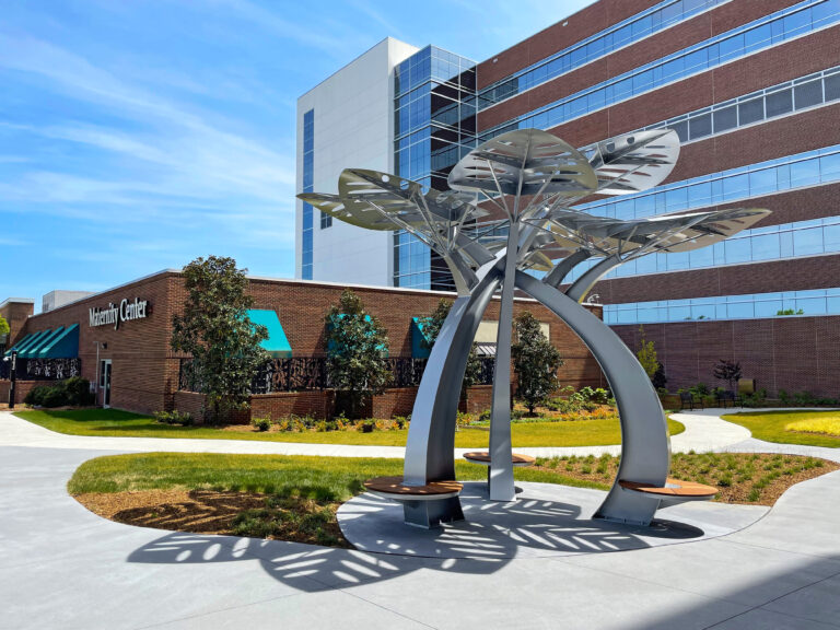 Atrium Health Pineville healing garden lotus sculpture