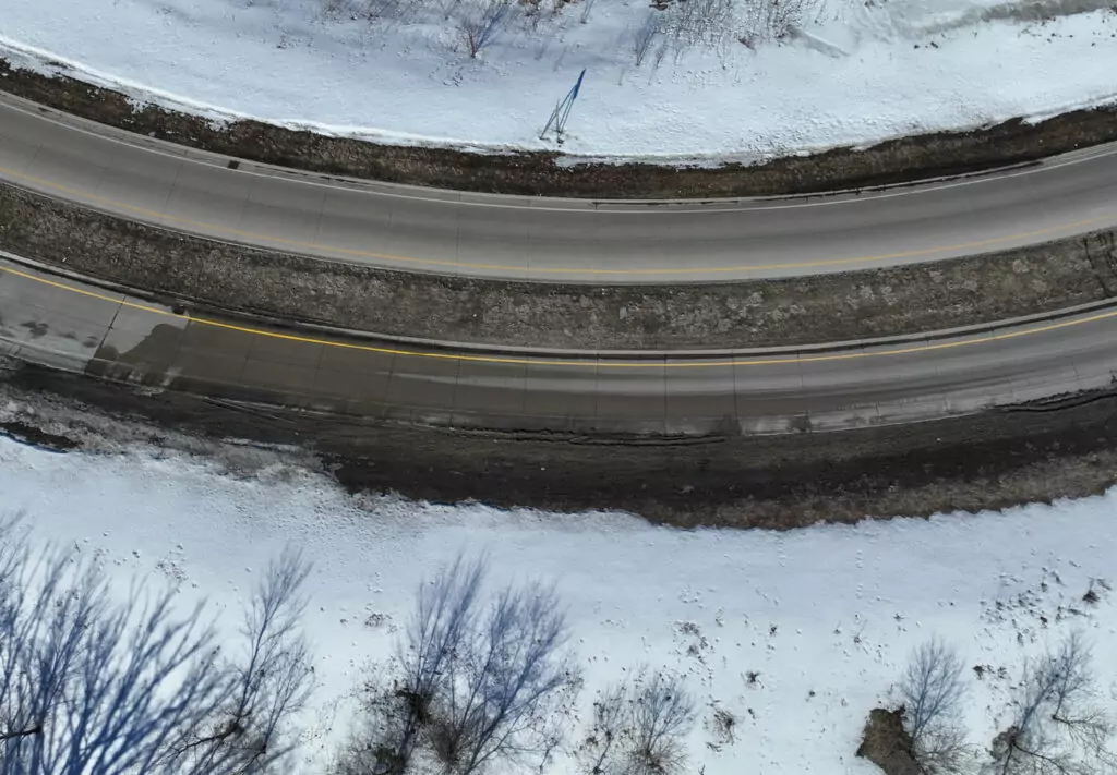 Aerial view of road in a winter landscape