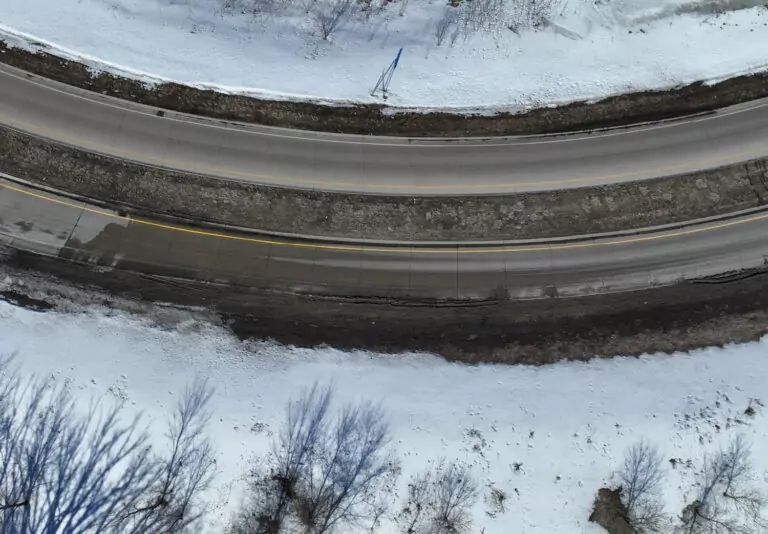 Aerial view of road in a winter landscape