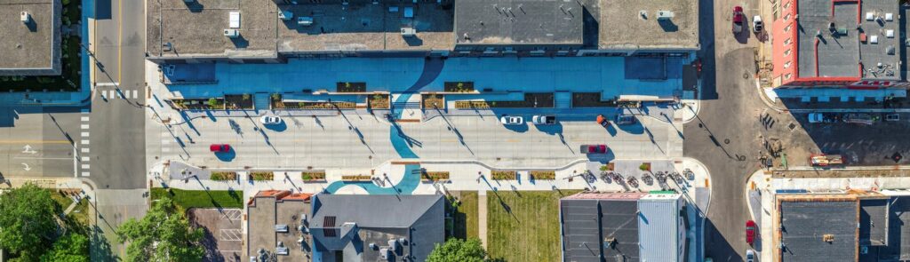 Drone view of the new Main Street section in the City of Le Sueur