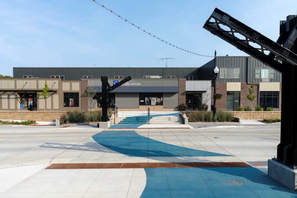 Main Street’s walkway with design element reflecting the Minnesota River’s proximity