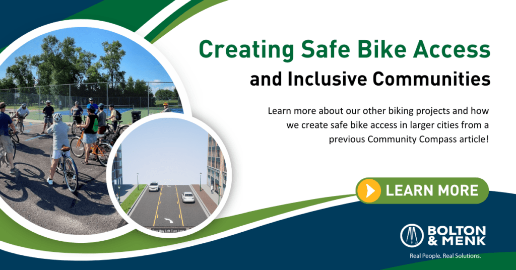 green and blue graphic with the title Creating Safe Bike Access