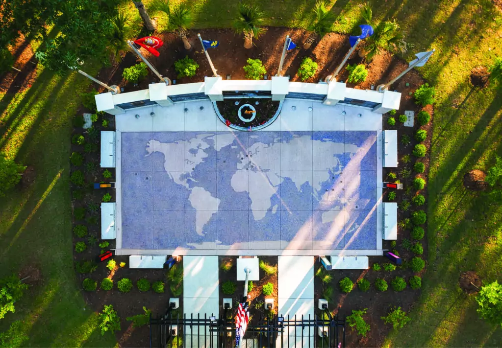 Aerial view of engraved world map in the WWII Memorial Warbird Park