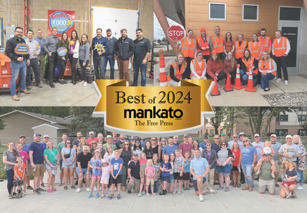 Collage of Best Engineering Firm in Mankato employee photos With Mankato Free Press logo in the center