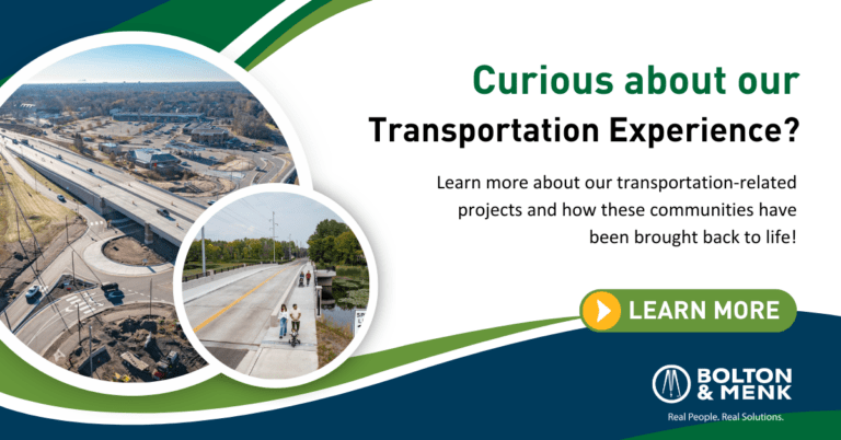 A graphic explaining how to learn more about Bolton & Menk's Transportation experience.