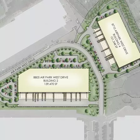 Site map showing two large buildings labeled 870 Air Park West Drive and 8805 Air Park West Drive surrounded by roads and parking areas. The surrounding landscape includes trees and grass.