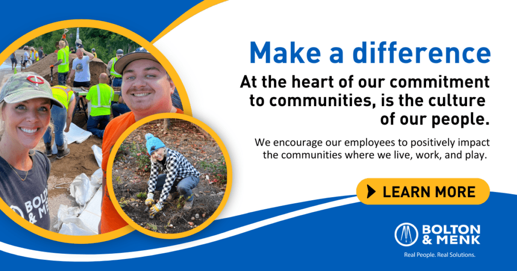 Two photos of Bolton & Menk employees engaging in community service. The left photo shows two smiling individuals at an outdoor event. The right features a person gardening, emphasizing the companys dedication to community culture and disaster relief efforts.