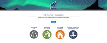 Screenshot of a website for the City of Aurora Construction, highlighting public projects. It features a header with a city skyline graphic, navigation links, and four icons representing road work, personnel, buildings, and pipelines, each with a colorful circular background.