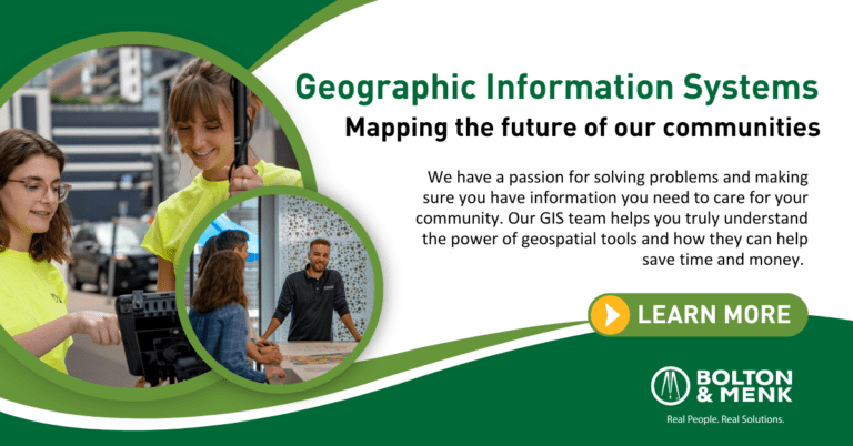 Image of GIS employee collaboration and text to learn more about GIS services