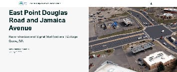 An aerial view captures the intersection with buildings, parking lots, and roads. Text on the left reads East Point Douglas Road and Jamaica Avenue, highlighting Henderson and Sugnet Real Estate in Cottage Grove, MN, amid a backdrop that includes notable public projects.