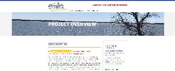 A screenshot showcases a webpage titled Project Overview, set against an image of an expansive body of water. The page, perfect for managing public projects, features text neatly divided into sections with headings, all within a cohesive blue and white color scheme.