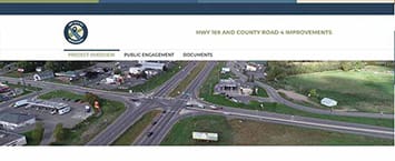 Aerial view of a highway and intersection surrounded by buildings and greenery. The web page features tabs labeled Project Designs, Public Engagement, and Documents under the header Highway 516 and County Road 9 Public Projects.