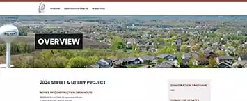 Screenshot of a 2024 street and utility public projects webpage. The header features a landscape view of a tree-lined residential area with a prominent water tower. Text details the projects timeline and specifics.