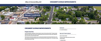 Screenshot of a webpage titled Creamery Avenue Improvements from the City of Nampa, Idaho. This public project showcases an aerial view of a neighborhood intersected by Creamery Avenue, with a project overview and sign-up information on the right.