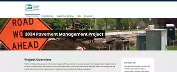 Screenshot of a website page titled 2024 Pavement Management Project, featuring a road construction scene with an orange Road Work Ahead sign. This public project page includes sections for the project overview, updates, and links to more information.