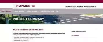 Screenshot of a webpage titled Project Summary for the 2024 Central Avenue Improvements by Hopkins MN. The page details the scope of this public project, highlighting corridor improvements, dedicated bike paths, and pedestrian safety enhancements.