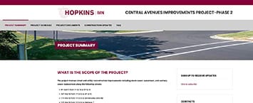 Screenshot of a webpage for Hopkins, MN, detailing the Central Avenue Improvements Project - Phase 2. The page highlights Public Projects with a navigation menu and a project summary, featuring a section titled What is the scope of the project? with bullet points.