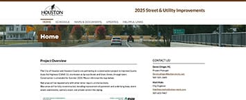 Screenshot of a website section for Houstons 2025 Street & Utility Improvements. It features a header with a road image, navigation menu, Home label, project overview text, and contact information. This public projects page highlights the citys commitment to modernizing infrastructure.
