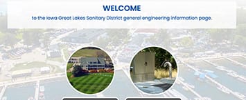 Welcome page of the Iowa Great Lakes Sanitary Districts general engineering information, highlighting public projects. Featuring two circular images: one of a building with a lawn, and another showing a water facility with pipes and tanks.