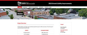 Screenshot of a webpage showcasing a menu bar with Home highlighted. The header reads 2023 Street & Utility Improvements. Below is an overview of public projects, detailing planned actions for Main Street and 4th & 6th Avenue, alongside an aerial view of the town.