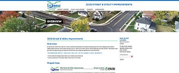 An aerial view of a residential neighborhood shines on the 2023 Street & Utility Improvements page. Featuring public projects, it includes navigation links, a sidebar with project details, and an Overview section.