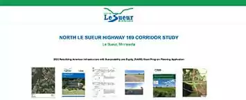 The cover image of the North Le Sueur Highway 169 Corridor Study document highlights public projects with smaller images showcasing maps and road planning in Le Sueur, Minnesota. The bold heading stands out in blue against a crisp white background.