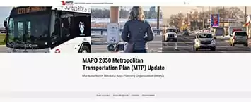 A collage of transportation images: a city bus, a person using a parking meter, and cars on a road. Text reads, MAPO 2050 Metropolitan Transportation Plan (MTP) Update highlighting future public projects for seamless urban commuting.