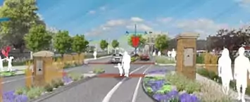 A vibrant street scene showcases a tree-lined road bustling with cars and white silhouette pedestrians, reflecting ongoing public projects. Flower beds adorn the sides, while brick structures line the pathway beneath a clear blue sky.