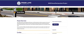 Screenshot of a webpage for the 2023 Street Reclamation Project by Prior Lake, Minnesota. The page includes an overview of this public projects details, a search function, and funding information, all set against a banner image of a street in the background.
