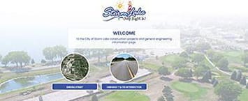 Aerial view of a city park next to a lake, with WELCOME on a banner above two circular images. One displays lush tree foliage; the other reveals a road. Explore our public projects by clicking SCHEDULE A TOUR or discover PROPERTY FOR RECREATION.