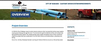 Screenshot of a webpage titled City of Wabasso - Sanitary Sewer System Improvements. It highlights ongoing public projects with an Overview section, contact information, and an image of blue pipes resting on the ground.