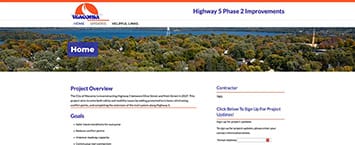 Screenshot of a webpage titled Highway 5 Phase 2 Improvements featuring the Virginia Department of Transportation logo. This public projects sections include Project Overview, Goals, and a project updates sign-up form. The background showcases a landscape image.